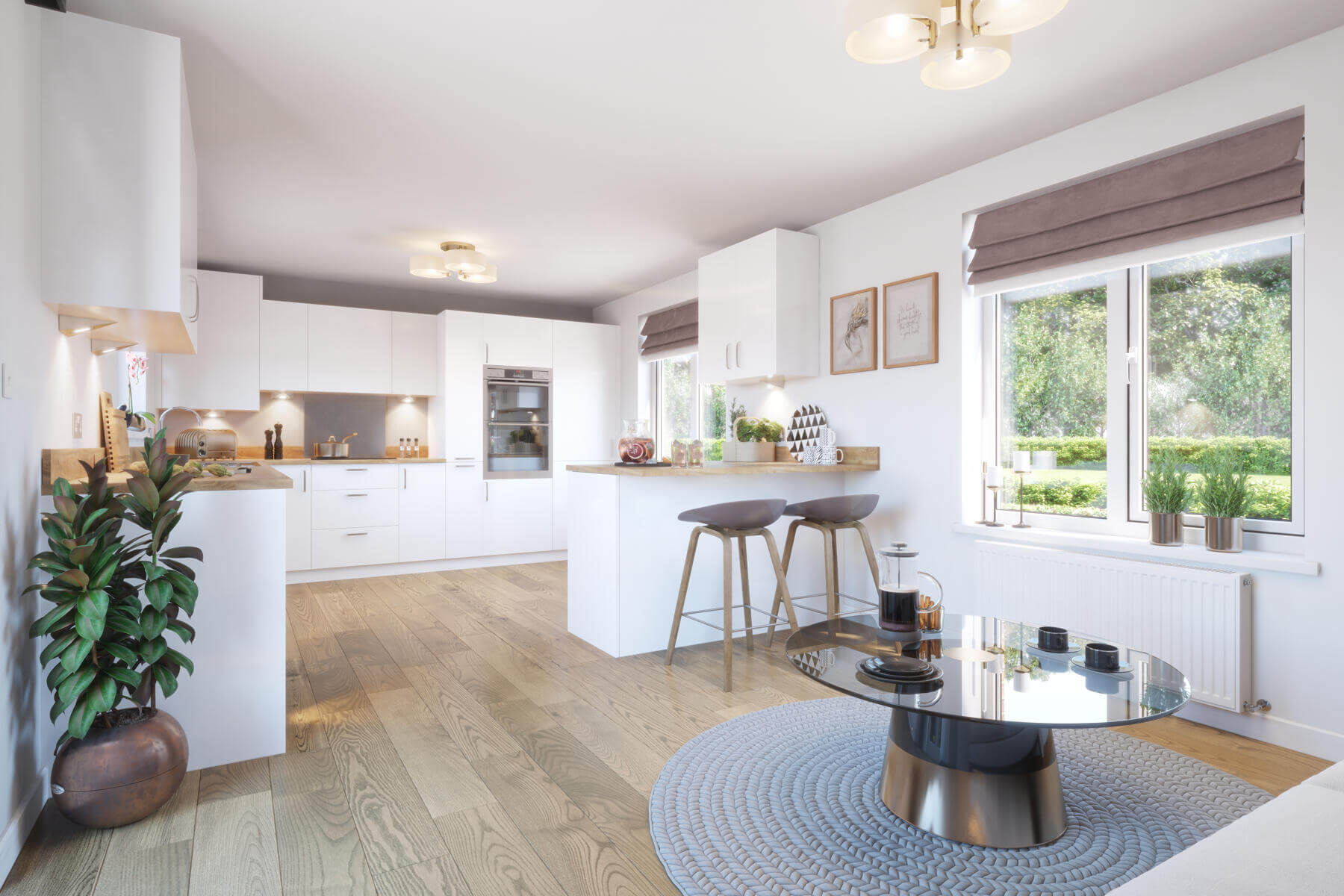 A bright and airy kitchen and dining area leads through double doors to the garden