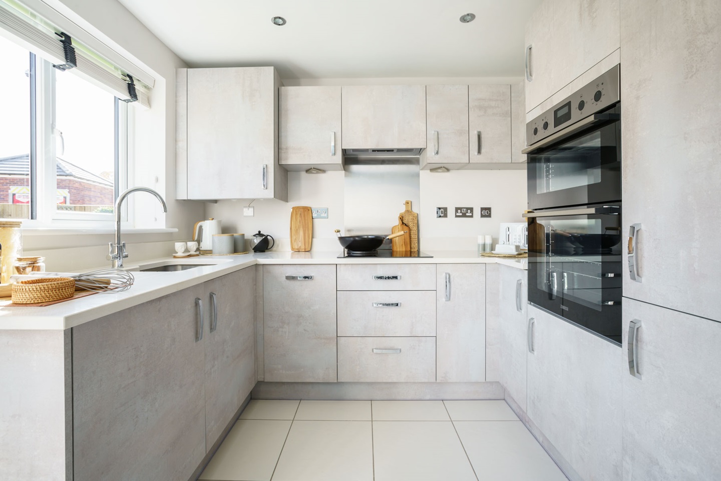 The kitchen features ample storage