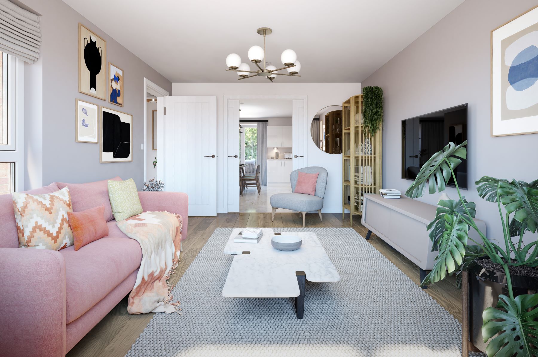 Pocket doors to the kitchen/diner create an open plan space