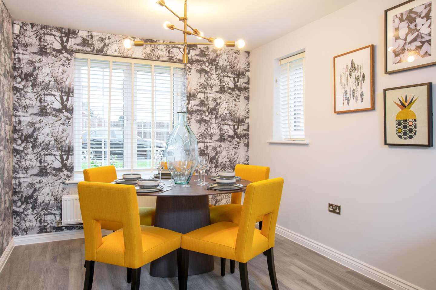 The dining area looks out on the front of the home