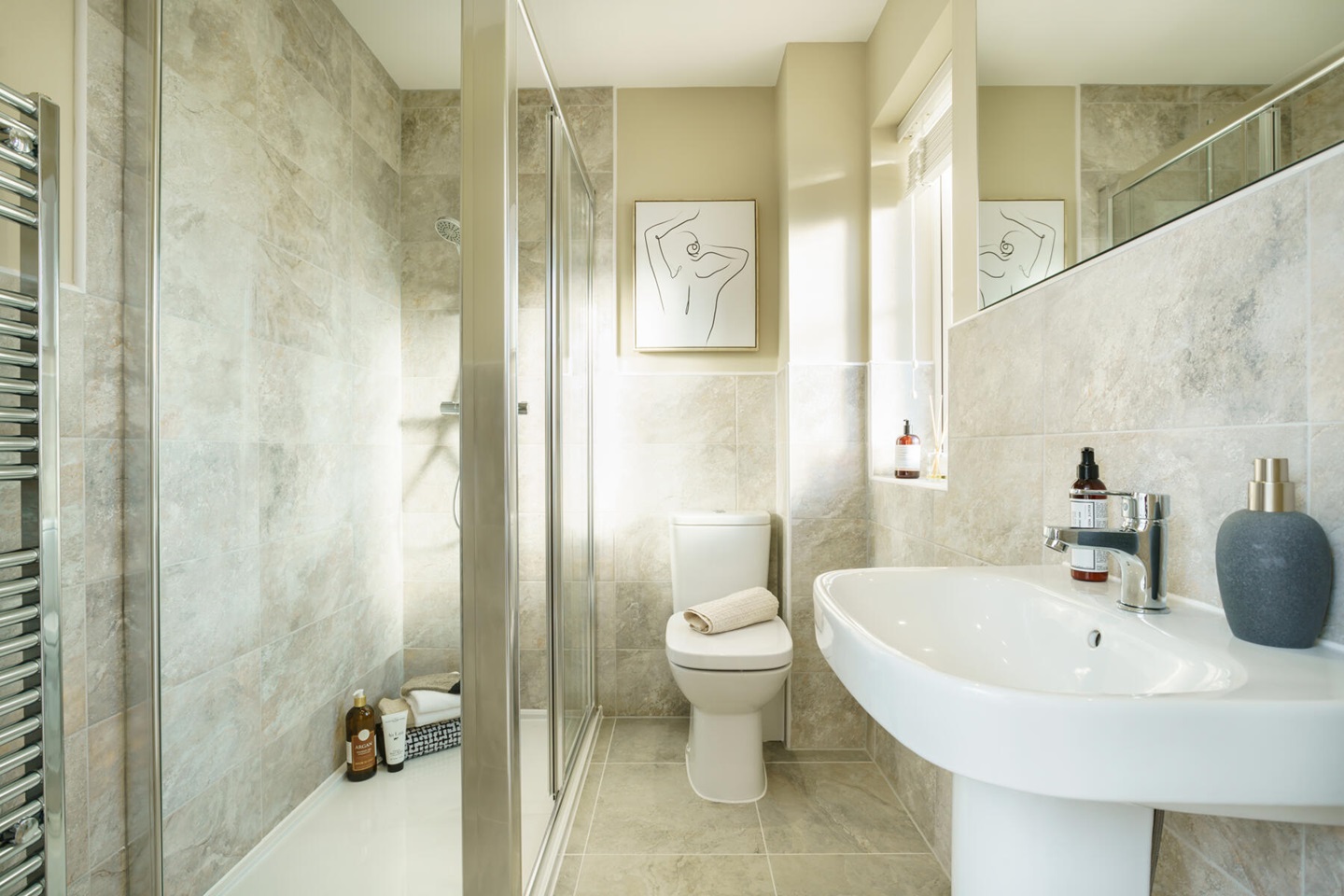 The en-suite bathroom features a large double shower