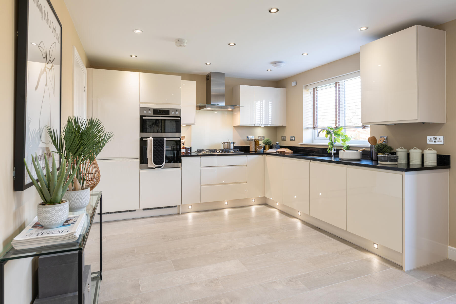 The kitchen includes ample storage