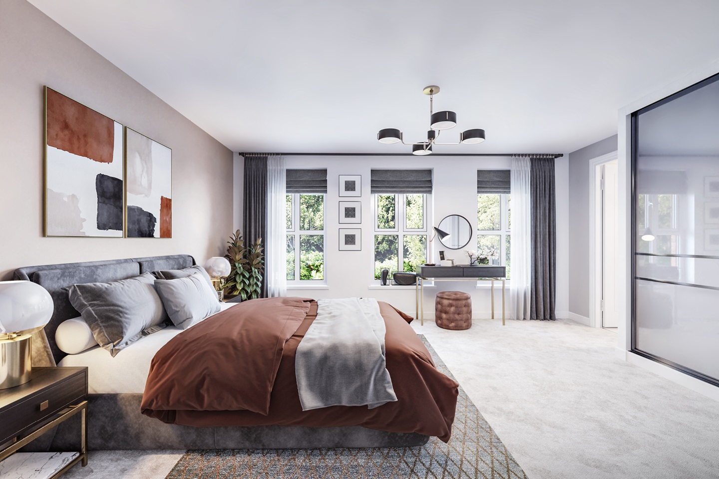 The spacious main bedroom is flooded with natural light