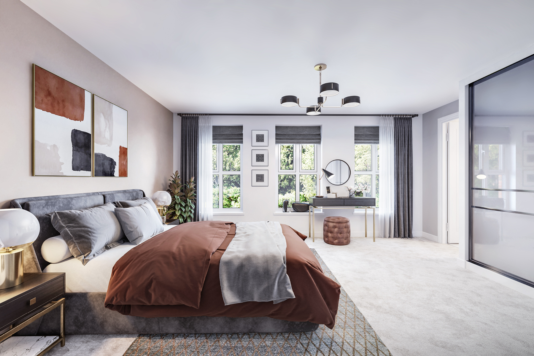 The spacious main bedroom is flooded with natural light