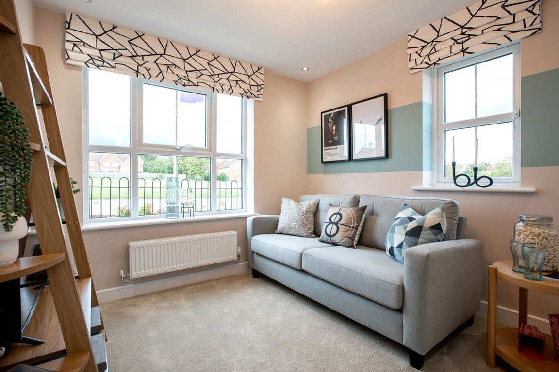 Light room with sofa and colour block walls