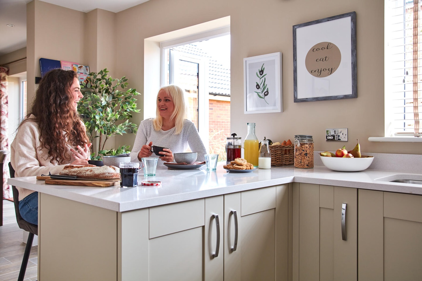 sitting at kitchen breakfast bar